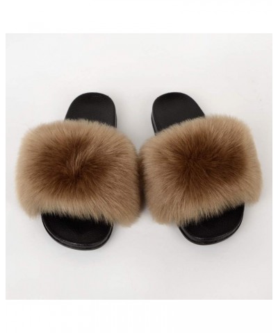 Womens Furry Fluffy Slippers Faux Fur House Slippers Open Toe Fuzzy Slides Soft Flat Slip On Sandals for Indoor Outdoor Brown...