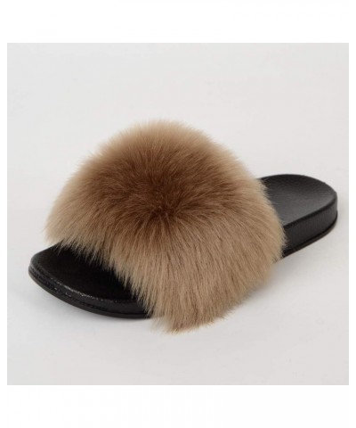 Womens Furry Fluffy Slippers Faux Fur House Slippers Open Toe Fuzzy Slides Soft Flat Slip On Sandals for Indoor Outdoor Brown...