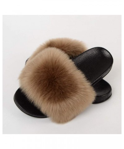 Womens Furry Fluffy Slippers Faux Fur House Slippers Open Toe Fuzzy Slides Soft Flat Slip On Sandals for Indoor Outdoor Brown...