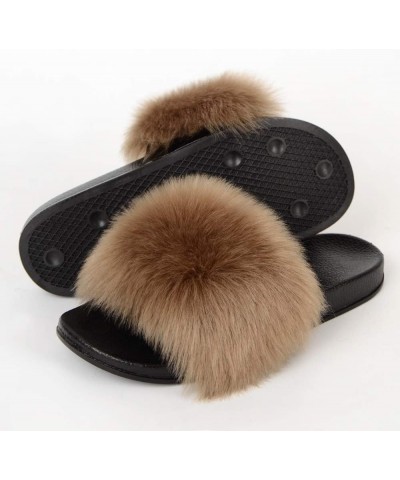 Womens Furry Fluffy Slippers Faux Fur House Slippers Open Toe Fuzzy Slides Soft Flat Slip On Sandals for Indoor Outdoor Brown...