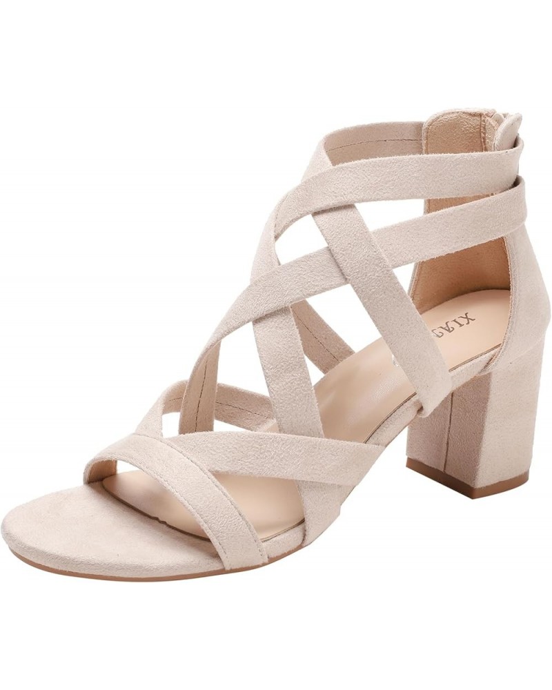 Women's Chunky High Heeled Sandals Summer Strappy Open Toe Dressy Sandal for Wedding Evening Party Beige $17.22 Sandals