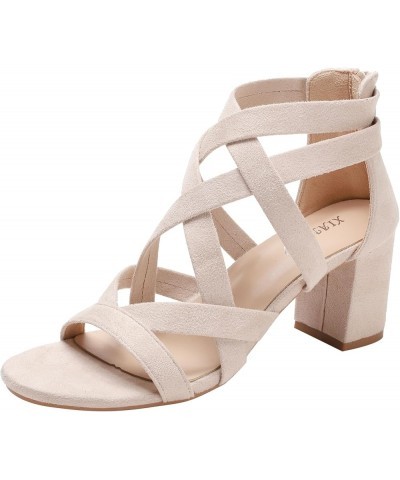 Women's Chunky High Heeled Sandals Summer Strappy Open Toe Dressy Sandal for Wedding Evening Party Beige $17.22 Sandals