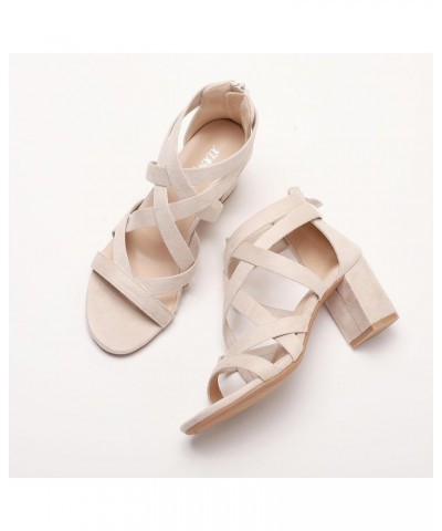 Women's Chunky High Heeled Sandals Summer Strappy Open Toe Dressy Sandal for Wedding Evening Party Beige $17.22 Sandals