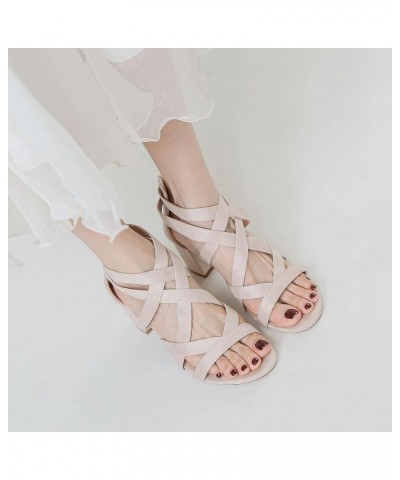 Women's Chunky High Heeled Sandals Summer Strappy Open Toe Dressy Sandal for Wedding Evening Party Beige $17.22 Sandals