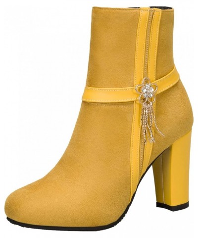 Women Chunky Heel Ankle Boots with Side Zipper Yellow $27.49 Boots