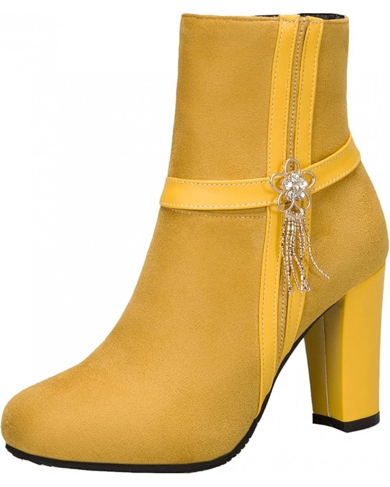 Women Chunky Heel Ankle Boots with Side Zipper Yellow $27.49 Boots