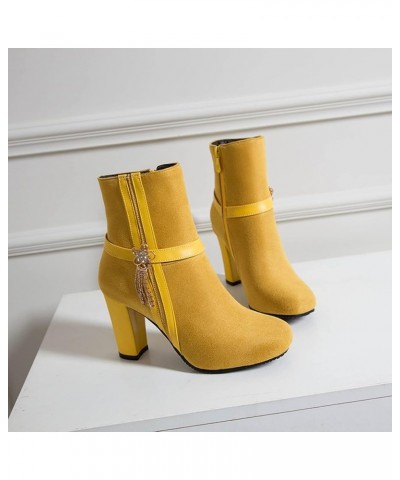 Women Chunky Heel Ankle Boots with Side Zipper Yellow $27.49 Boots