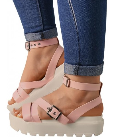 Sandals for Women,Summer Open Toe Gladiator Ankle Strap Flatform Sandals Chunky Platform Dressy Flats Sandals 8.5 Pink $10.47...