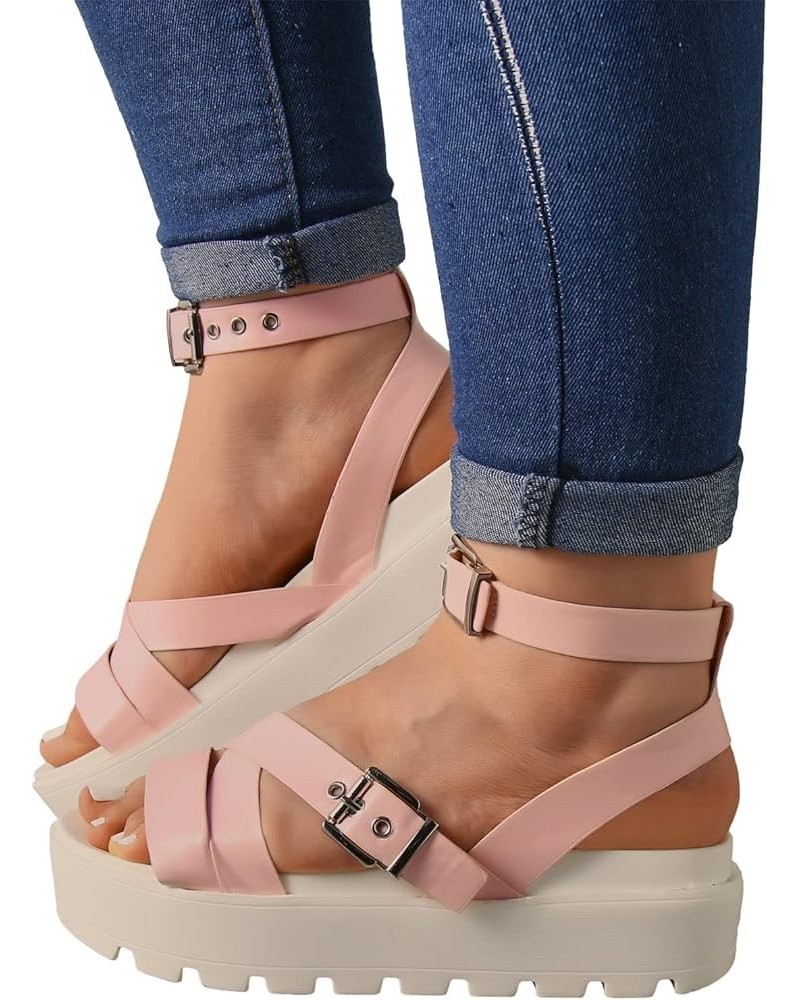 Sandals for Women,Summer Open Toe Gladiator Ankle Strap Flatform Sandals Chunky Platform Dressy Flats Sandals 8.5 Pink $10.47...