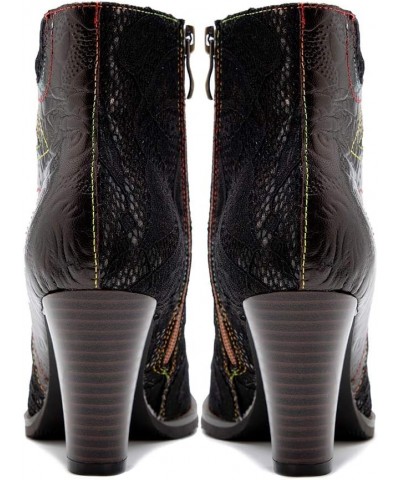 Womens Leather Boots Bohemian Block Heel LeatherColorful Leahter Bootie Black B $33.19 Boots