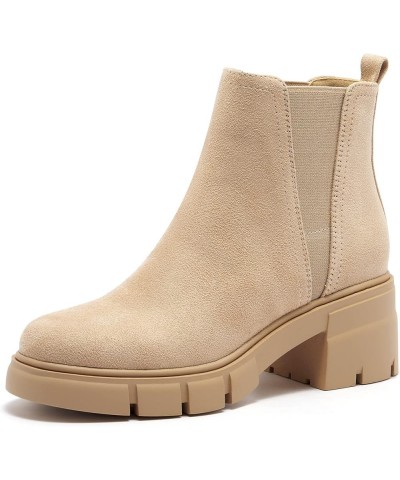 Women's Chelsea Boots Elastic Chunky Block Heel Platform Lug Sole Ankle Booties Nude Suede $29.40 Boots