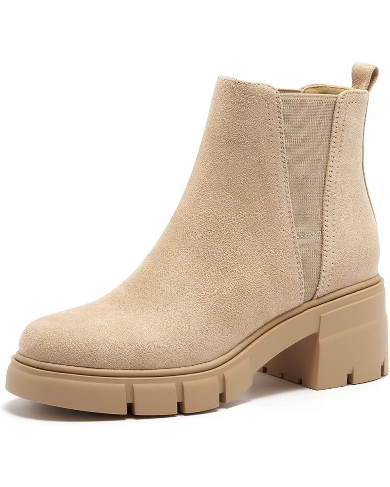 Women's Chelsea Boots Elastic Chunky Block Heel Platform Lug Sole Ankle Booties Nude Suede $29.40 Boots