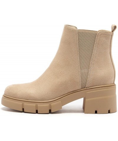 Women's Chelsea Boots Elastic Chunky Block Heel Platform Lug Sole Ankle Booties Nude Suede $29.40 Boots