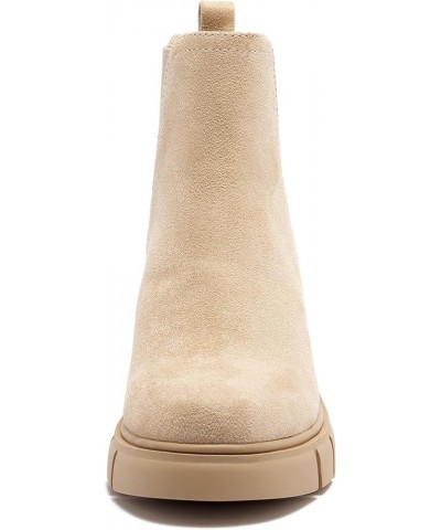 Women's Chelsea Boots Elastic Chunky Block Heel Platform Lug Sole Ankle Booties Nude Suede $29.40 Boots