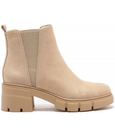 Women's Chelsea Boots Elastic Chunky Block Heel Platform Lug Sole Ankle Booties Nude Suede $29.40 Boots