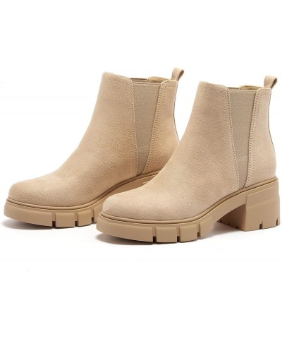 Women's Chelsea Boots Elastic Chunky Block Heel Platform Lug Sole Ankle Booties Nude Suede $29.40 Boots