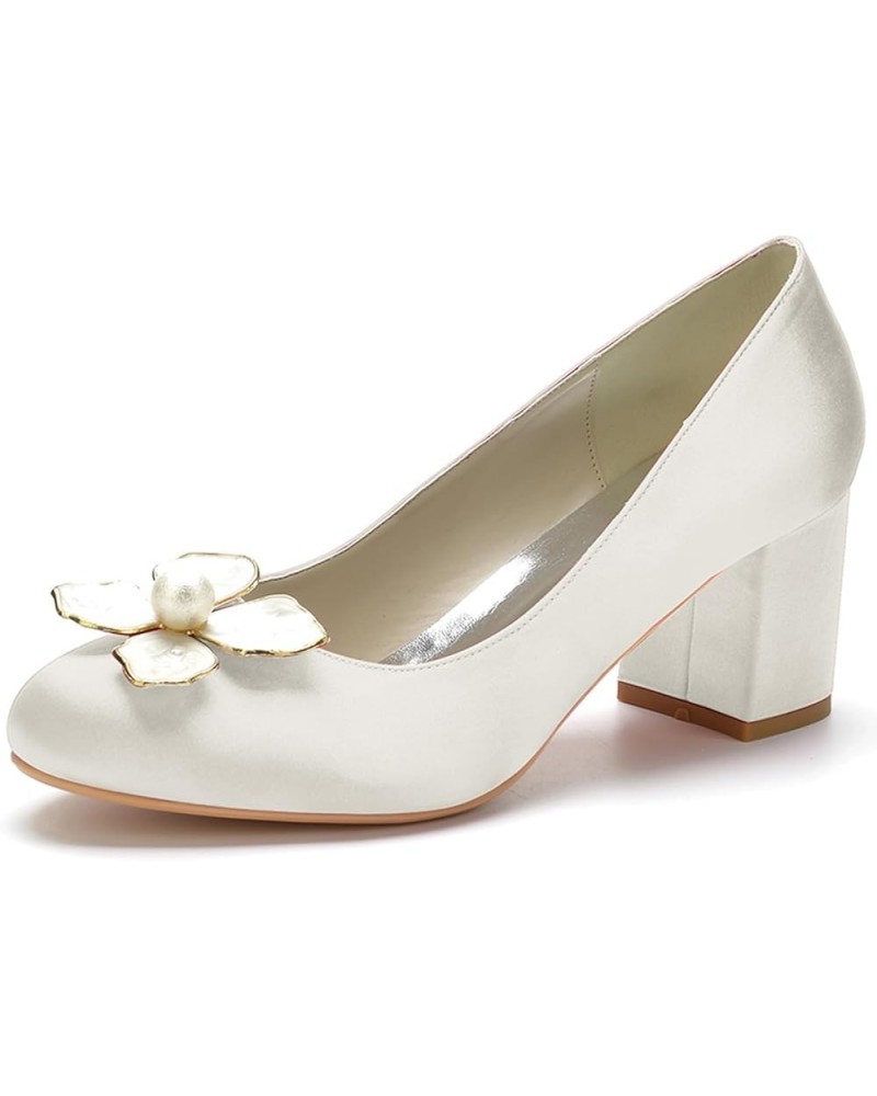 Women's Satin Bridal Shoes 2.36" Block Heel Dress Pumps Round Toe Slip on Wedding Party Court Shoes Ivory $37.79 Pumps