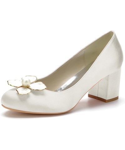 Women's Satin Bridal Shoes 2.36" Block Heel Dress Pumps Round Toe Slip on Wedding Party Court Shoes Ivory $37.79 Pumps