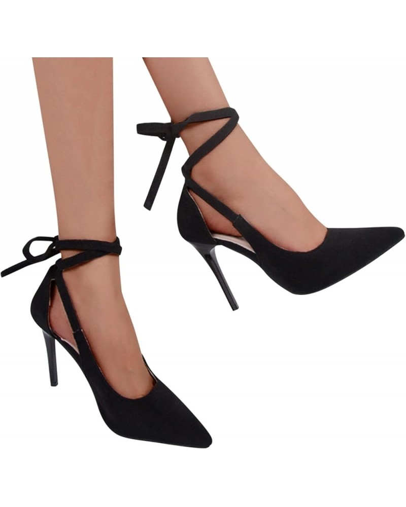 Women's Lace Up Hollow Stiletto Sandals Suede Pointed Toe Lace Up High Heels Dressy Summer Black Closed Toe Heeled Sandals El...