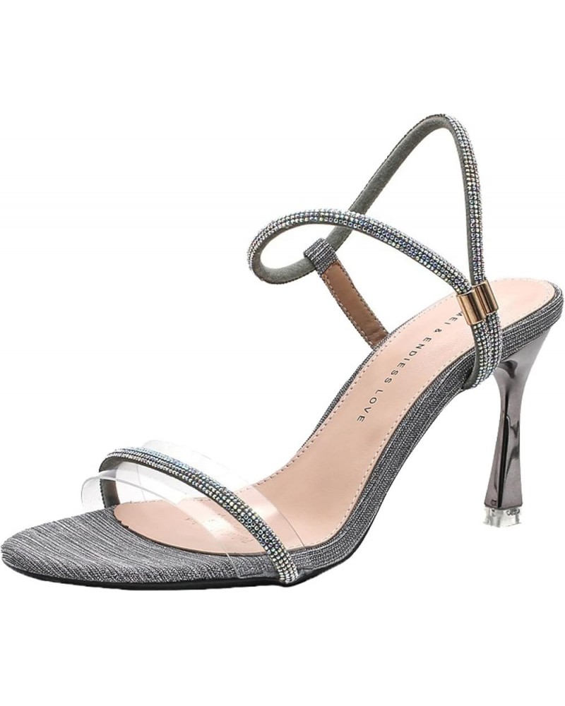 Woman's Open Toe Heeled Sandals Clear Band Rhinestone Trim Slip on Slingback Stiletto High Heels Club Party Dress Shoes Grey ...