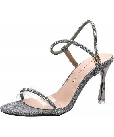 Woman's Open Toe Heeled Sandals Clear Band Rhinestone Trim Slip on Slingback Stiletto High Heels Club Party Dress Shoes Grey ...