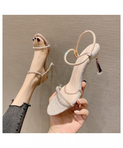 Woman's Open Toe Heeled Sandals Clear Band Rhinestone Trim Slip on Slingback Stiletto High Heels Club Party Dress Shoes Grey ...