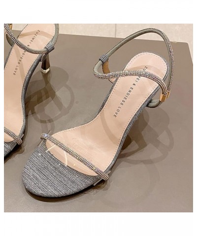 Woman's Open Toe Heeled Sandals Clear Band Rhinestone Trim Slip on Slingback Stiletto High Heels Club Party Dress Shoes Grey ...