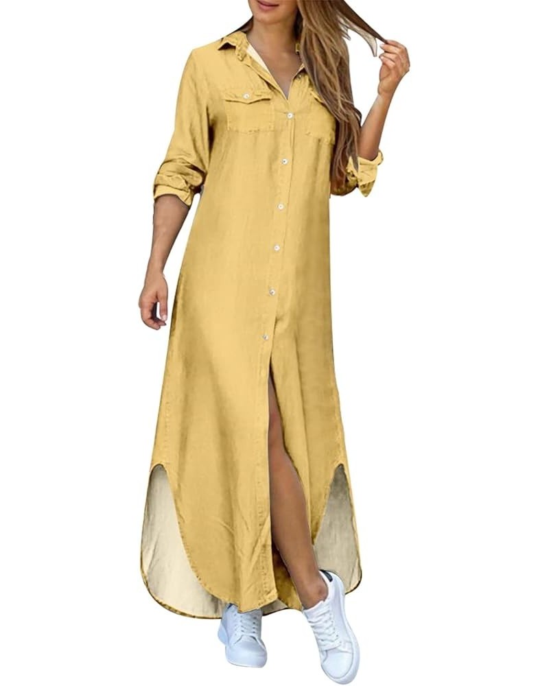 Women Fashion Solid Dress Shirt Long Skirt Casual Long Sleeve Cardigan Dress Elegant Cocktail Dresses Yellow-a $16.42 Athleti...