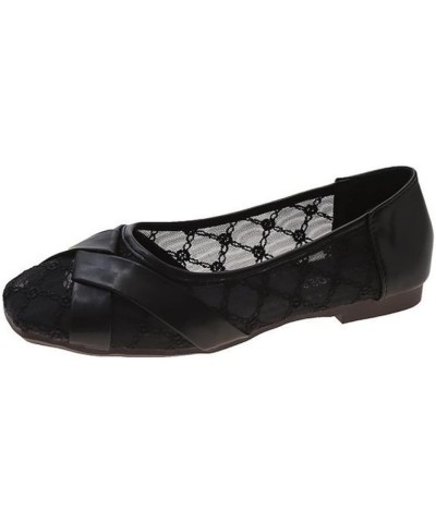 Flats for Woman Convenient Slip On Walking Loafers Breathable Mesh Lace Square Toe Flat Shoes Black $19.74 Loafers & Slip-Ons