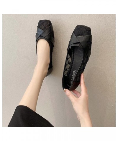 Flats for Woman Convenient Slip On Walking Loafers Breathable Mesh Lace Square Toe Flat Shoes Black $19.74 Loafers & Slip-Ons