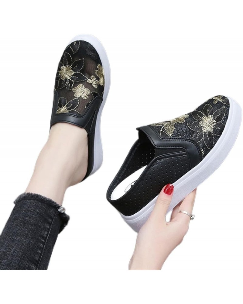 Women's Slip-Ons Height Increasing Canvas Shoes Embroidered Summer Round Toe Mesh Breathable Flat Loafer Low-Top Anti Skid Fa...