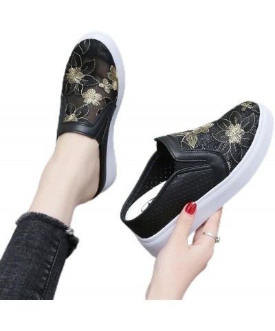 Women's Slip-Ons Height Increasing Canvas Shoes Embroidered Summer Round Toe Mesh Breathable Flat Loafer Low-Top Anti Skid Fa...