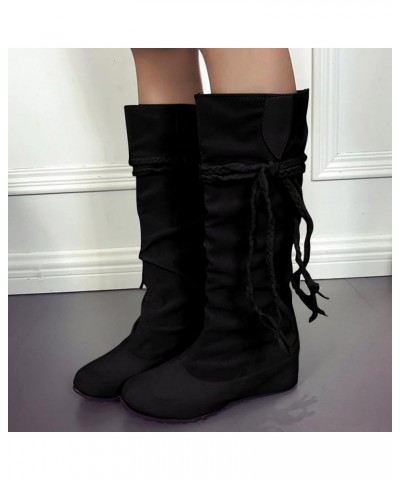 Cowboy Boots for Women, Womens Knee High Flat Boots Round Toe Pull On Lace Up Soft Soled Boots Fashion Winter Shoes Black $18...