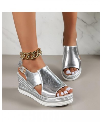 Mini Platform Boots For Women Silver Wedges For Women Dressy Women Slippers Platform Mini Boots Strappy Sanda Silver-e $19.65...