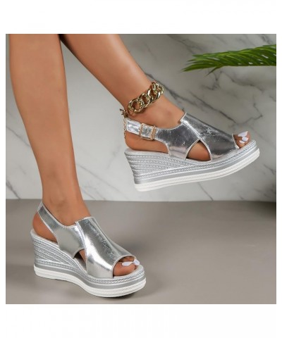 Mini Platform Boots For Women Silver Wedges For Women Dressy Women Slippers Platform Mini Boots Strappy Sanda Silver-e $19.65...