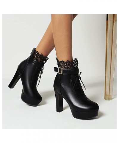 Women High Heeled Booties Platform Shoes Lace Up Boots Black $32.34 Boots