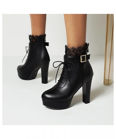 Women High Heeled Booties Platform Shoes Lace Up Boots Black $32.34 Boots