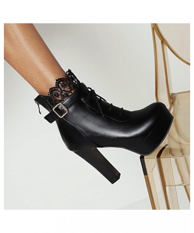 Women High Heeled Booties Platform Shoes Lace Up Boots Black $32.34 Boots