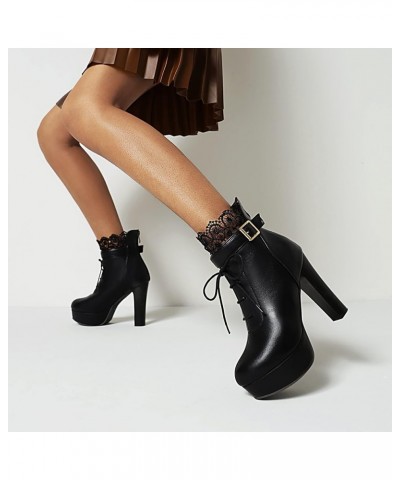 Women High Heeled Booties Platform Shoes Lace Up Boots Black $32.34 Boots