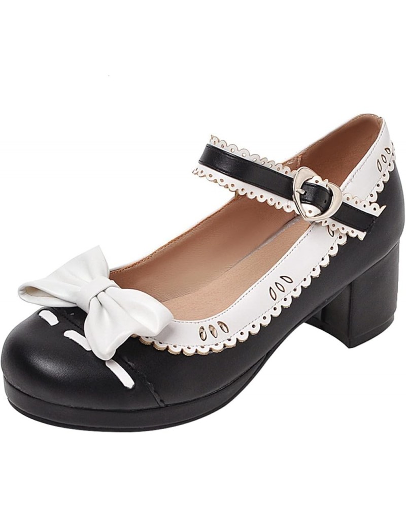 Women Round Toe Bows Mary Jane Lovely Block Mid Heels Pumps Black 2 $23.64 Pumps