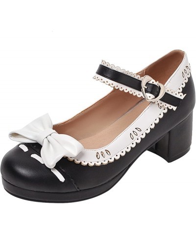 Women Round Toe Bows Mary Jane Lovely Block Mid Heels Pumps Black 2 $23.64 Pumps