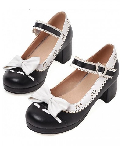 Women Round Toe Bows Mary Jane Lovely Block Mid Heels Pumps Black 2 $23.64 Pumps