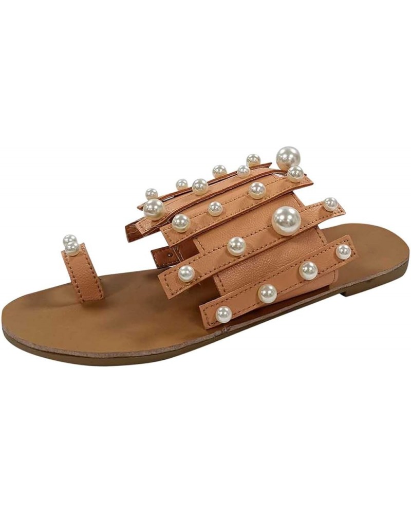 women flat sandals,Sandals for Women Girls Roman Flat Pearl Casual Sandals Slippers Beach Sandals Brown $13.09 Outdoor Shoes