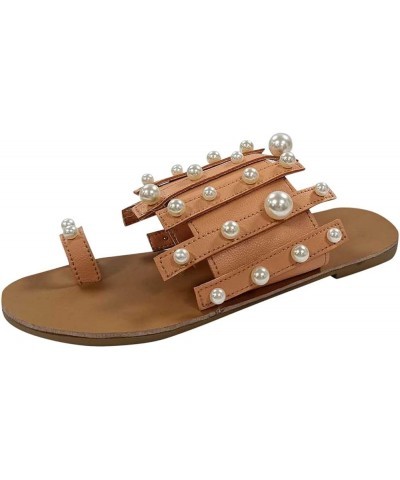 women flat sandals,Sandals for Women Girls Roman Flat Pearl Casual Sandals Slippers Beach Sandals Brown $13.09 Outdoor Shoes