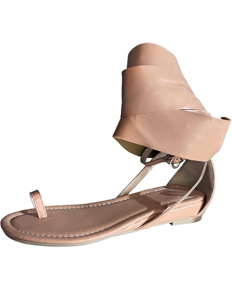 Ladies Fashion Summer Solid Color Leather Cover Toe Ankle Strap Flat Sandals Double Buckle Sandals for Women Rose Khaki $13.7...