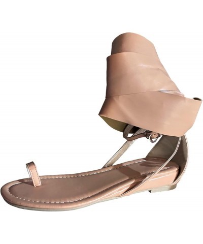 Ladies Fashion Summer Solid Color Leather Cover Toe Ankle Strap Flat Sandals Double Buckle Sandals for Women Rose Khaki $13.7...