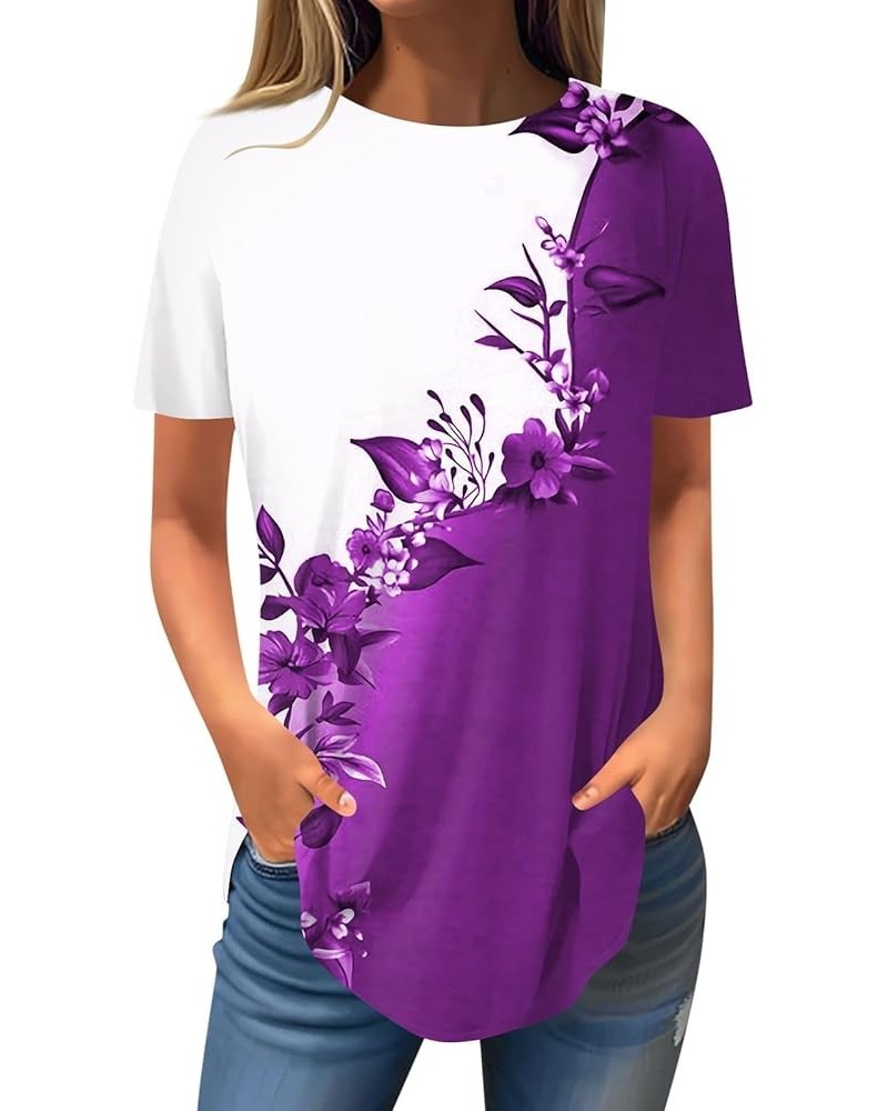 Womens Shirts Short Sleeve 2024 Comfy Tops Daily Dress Casual Round Neck Blouse Printed Tees Loose Pullover T Shirt 5-purple ...