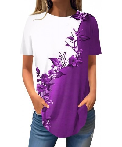 Womens Shirts Short Sleeve 2024 Comfy Tops Daily Dress Casual Round Neck Blouse Printed Tees Loose Pullover T Shirt 5-purple ...