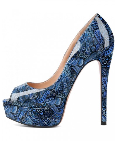 Women's Peep Toe Pumps Platform High Heel Sandals Dress Shoes Flower Blue $40.49 Sandals