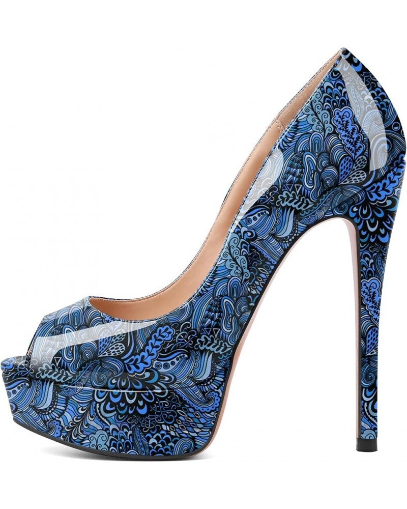 Women's Peep Toe Pumps Platform High Heel Sandals Dress Shoes Flower Blue $40.49 Sandals